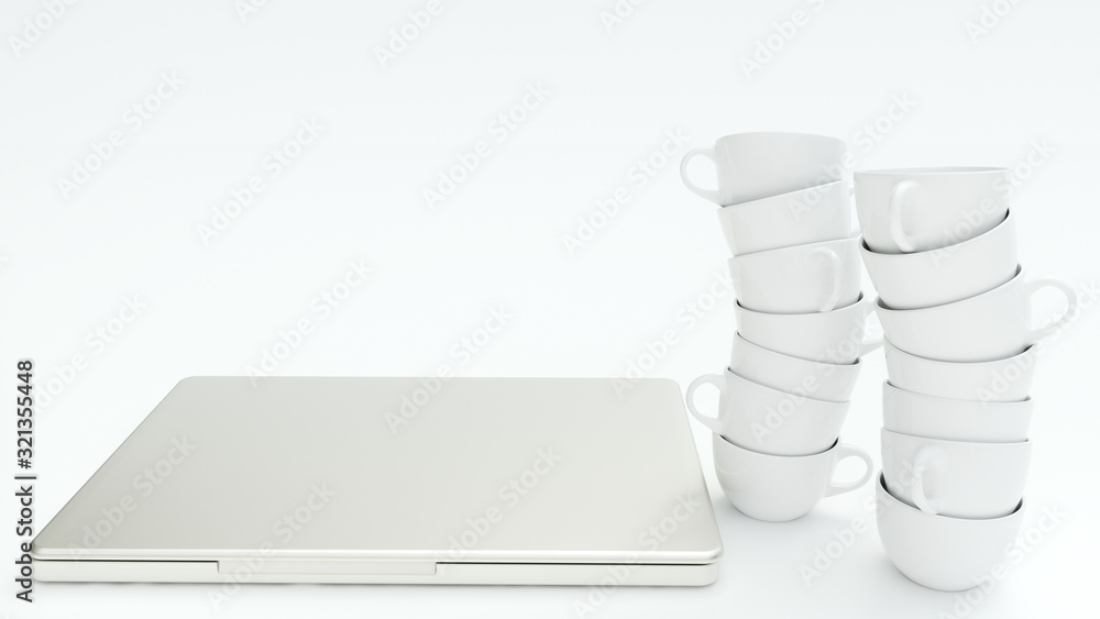 Many empty coffee cups stand around a laptop - 3D Rendering Many empty coffee cups stand around a laptop - 3D Rendering
