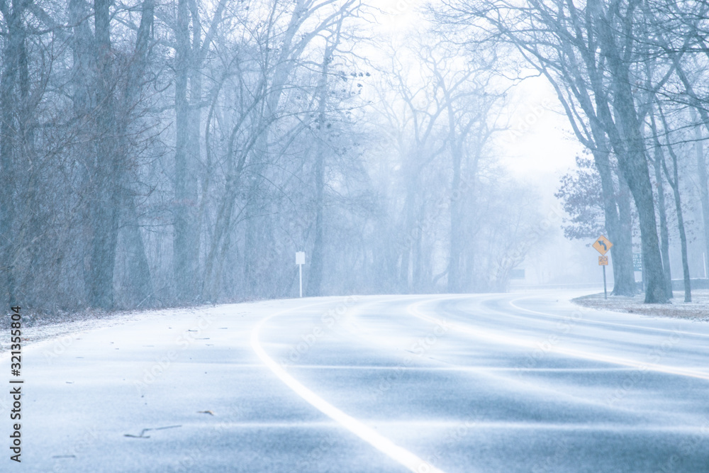 White-out weather conditions as snow falls on road through woods on a winter day White-out weather conditions as snow falls on road through woods on a winter day