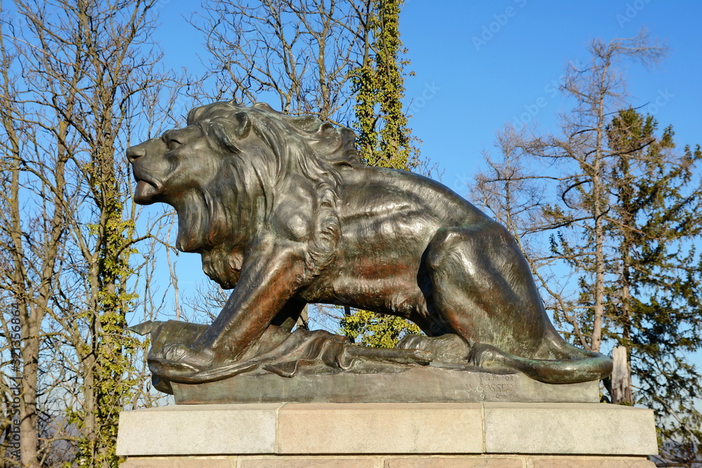 Graz, Austria - January ‎08, ‎2020: Sculpture of lion on Castle Hill in Graz, Styria, Austria