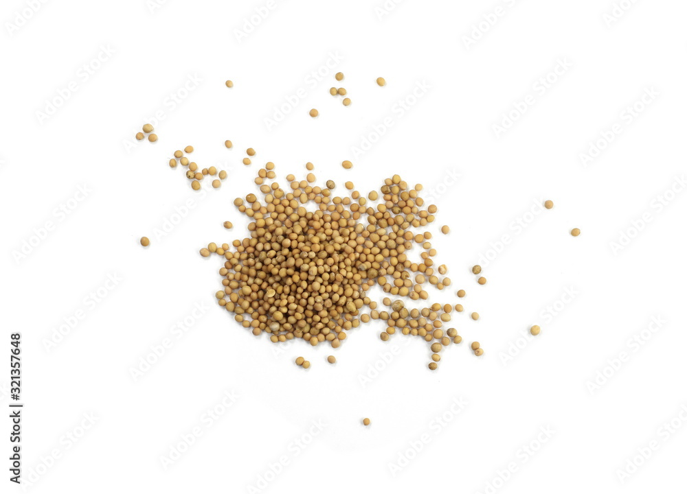 Dry yellow mustard seeds isolated on white background. Macro photo of sinapis alba close up. Seeds of white mustard (Sinapis alba). The seeds (Sinapis albae semen) Dry yellow mustard seeds isolated on white background. Macro photo of sinapis alba close up. Seeds of white mustard (Sinapis alba). The seeds (Sinapis albae semen)