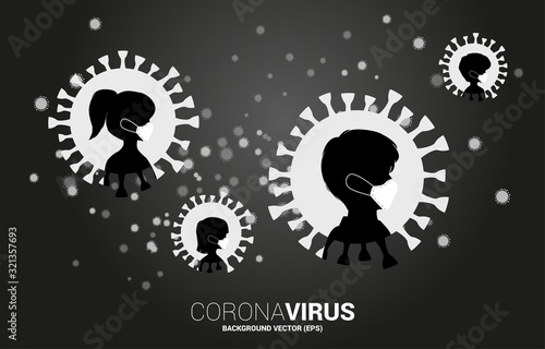 Silhouette people with mask and particle wuhan or Corana virus background. Concept for flu sickness and illness.