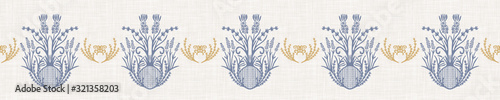 French blue damask shabby chic floral linen vector texture border background. Pretty flourish flower banner seamless pattern. Hand drawn floral interior home decor ribbon. Classic rustic farmhouse .