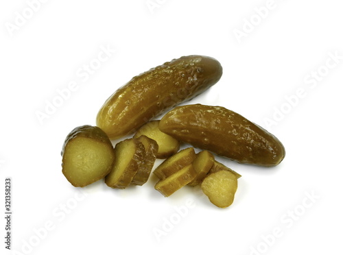 pickled or marinated cucumbers isolated on white background. Fresh sliced green pickles. 