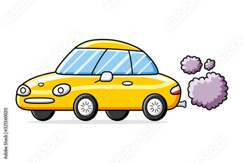 Yellow sports car with exhaust smoke clouds isolated, air pollution issue.