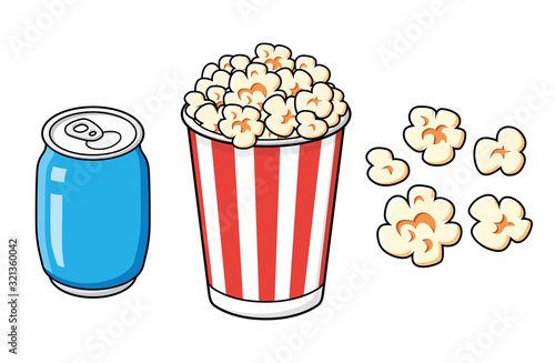 Striped popcorn bucket box and blue soda soft drink or cola can isolated
