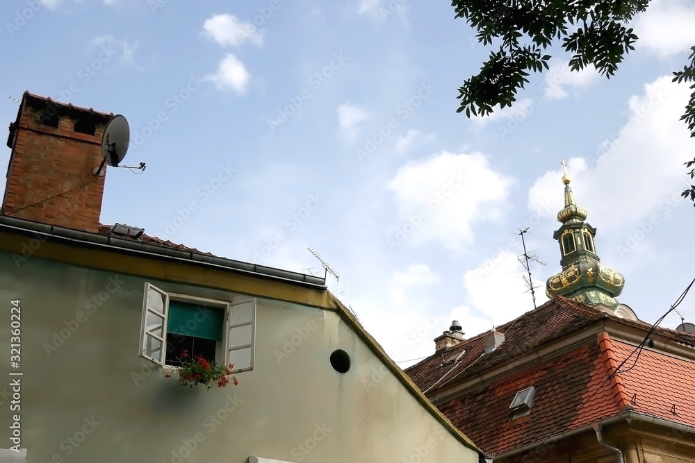 Old traditional houses in uptown Zagreb, Croatia. Selective focus.