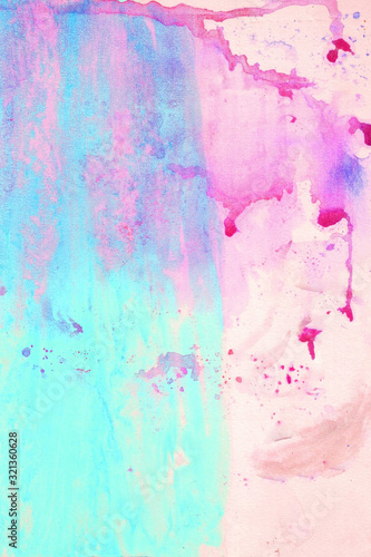Watercolor colorful spots, splashes, blots and drips. Blue, pink, turquoise paint on paper.
