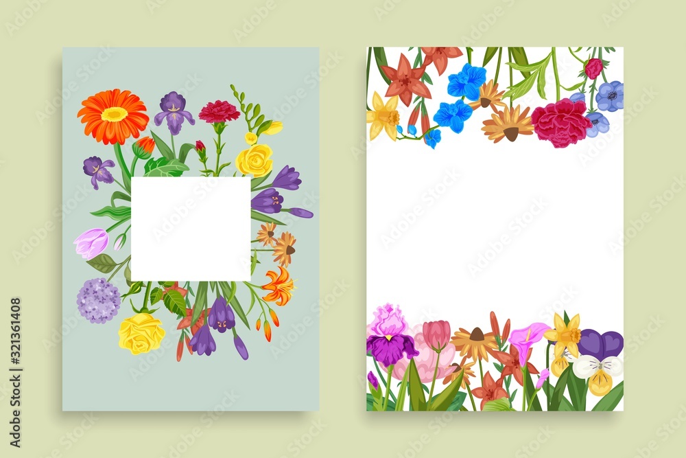 Floral banner set with flowers frame of roses, chamomiles, daisies, asters and blossoms, bellflowers cartoon vector illustration. Spring or summer flowers for womans day card.