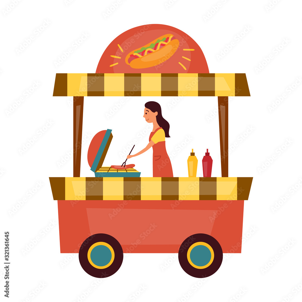 Street Food Concept. Barbeque Fast Food Truck With Hot Dog. The Waiter Is Cooking Food For Customers. Cartoon Flat Style. Vector Illustration