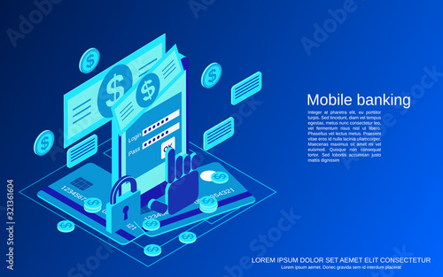 Mobile money transfer, payment, online banking, financial transaction flat isometric vector concept illustration