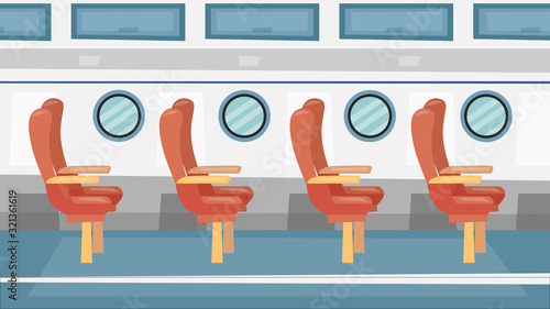 Colorful Passanger Airplane Interior With Windows and Passenger Seats. Cartoon Flat Style. Vector Illustration