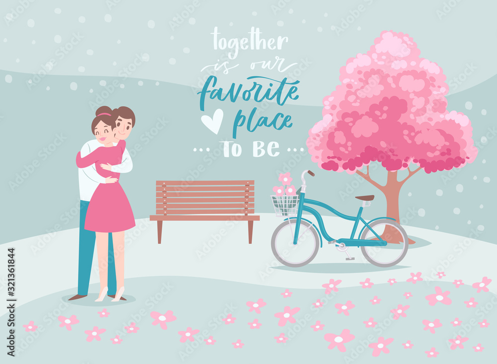 Valentine s Day romantic beloved couple hugs, cartoon people characters boy and girl lovers with bicycle and pink blossom tree vector illustration. Valentines day of love hugging girl and boy. Valentine s Day romantic beloved couple hugs, cartoon people characters boy and girl lovers with bicycle and pink blossom tree vector illustration. Valentines day of love hugging girl and boy.