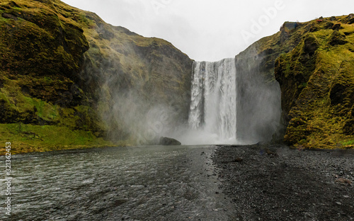 Wide shot of the Skogafoss waterfall with no people