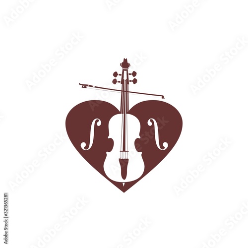 violin or cello love heart music logo and vector icon