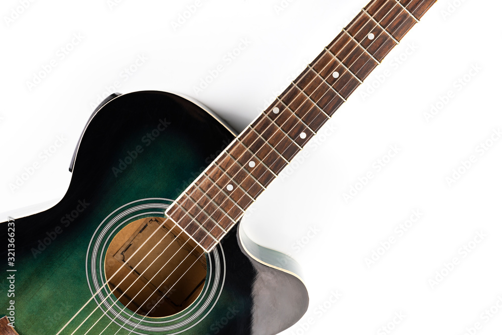 Fototapeta premium Classic acoustic guitar on a white background, close-up.