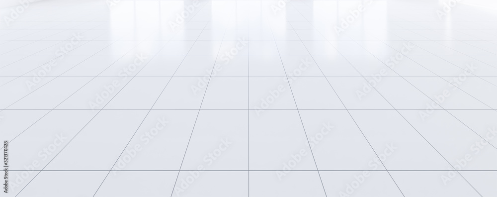 White tile floor background in panorama perspective view. Clean, shiny and symmetry with grid line texture. For bathroom, kitchen, laundry room. And empty or copy space for product display. 3d render.
