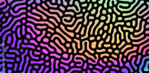 Holographic fluid, drops and blobs on dark background. Psychedelic spiritual background, concept illustration of hallucination or visual illusion.