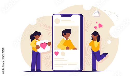 Social network. Dating sites. Girls consider the profile of a cute guy. Interest in communication. The desire to put like button. Flat modern illustration for background.