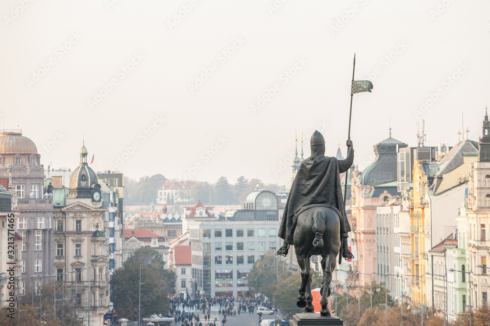 Panorama of Vaclaske Namesti, or Wenceslas square, with the Saint Wenceslas (Svaty Vaclav) statue in background. This square, in the old town, is a major touristic destination