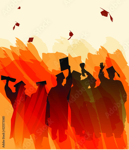 Graduation silhouettes with mortars flying.