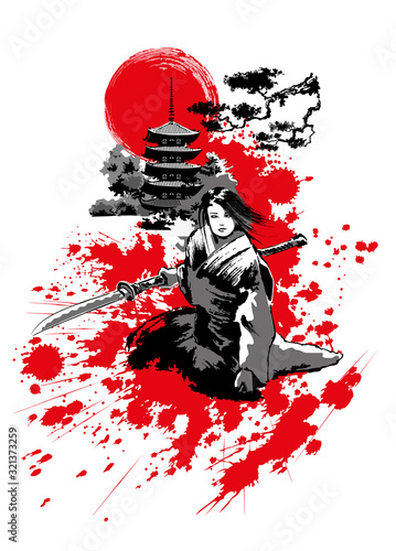 Young Girl Warrior on the background of the Pagoda. Vector illustration.