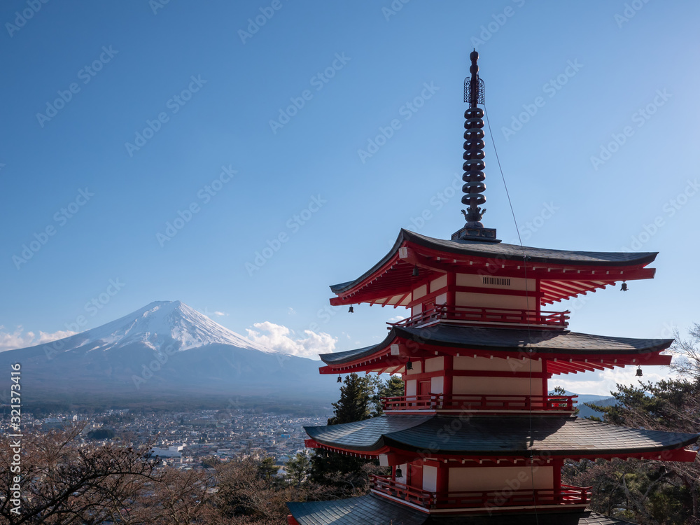Beautiful landscape with Mt. Fuji and Chureito Pagoda, Fujiyoshida, Japan.