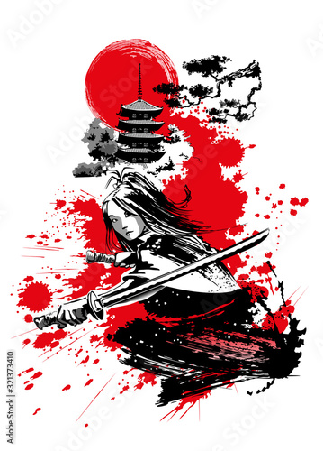 Young girl with a Japanese sword on a background of a pagoda. Vector illustration.