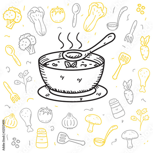 Soup and it's ingredients doodle vector illustration in cute hand drawn style isolated on white background