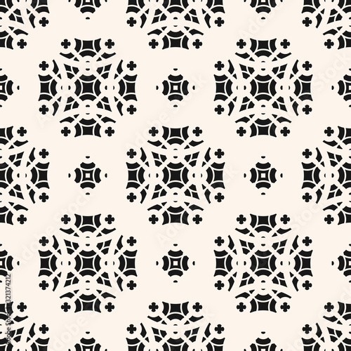 Vector floral geometric seamless pattern in oriental style. Elegant monochrome texture, abstract background with flowers, carved shapes. Black and white Islamic ornament. Repeat decorative design