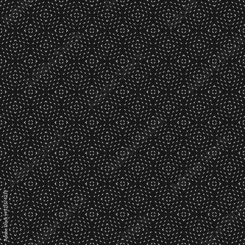 Subtle vector minimalist geometric seamless pattern with tiny wavy shapes, thin curved lines, crosses. Simple delicate abstract monochrome texture. Modern minimal dark background. Repeatable design