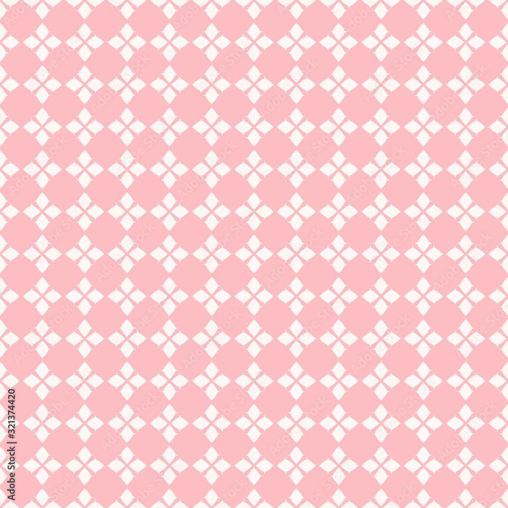 Cute vector geometric seamless pattern. Traditional floral ornament. Texture with small rhombuses, flower silhouettes, diamond shapes. Pink and white colors. Repeatable background for decor, textile Cute vector geometric seamless pattern. Traditional floral ornament. Texture with small rhombuses, flower silhouettes, diamond shapes. Pink and white colors. Repeatable background for decor, textile