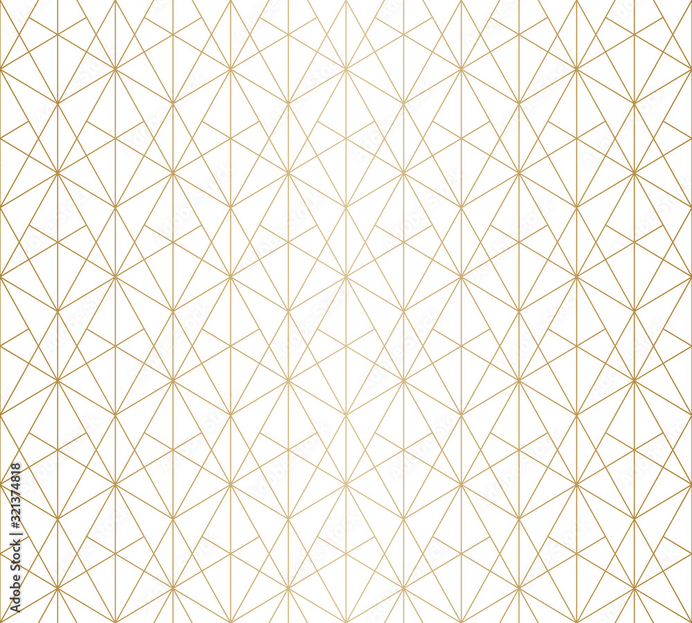 Golden lines pattern. Vector geometric seamless texture with delicate grid, thin diagonal lines, hexagons, triangles. Abstract white and gold metallic graphic background. Design for decoration, prints