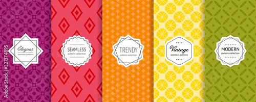 Vector geometric seamless pattern collection. Set of bright colorful background swatches with elegant modern labels. Cute abstract textures. Pretty design in green, yellow, orange, red, wine color