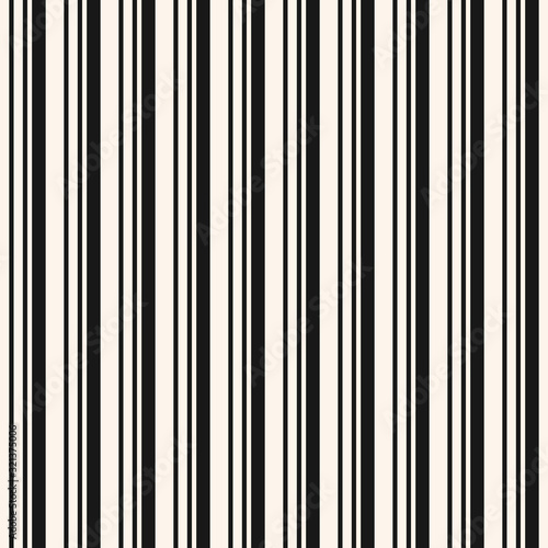 Vertical striped seamless pattern. Simple vector monochrome lines texture. Modern abstract black and white geometric stripes background. Thin and thick straight bands. Repeat design for print, fabric