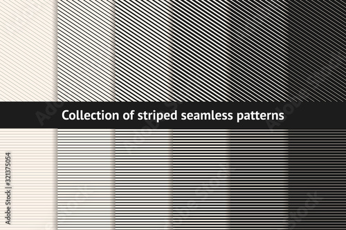 Striped patterns collection. Vector geometric seamless textures with diagonal and horizontal stripes, lines, streaks, different thickness. Set of black and white minimal abstract background swatches