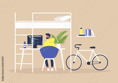 Bunk bed and a desk, Home office interior, Millennial freelancer lifestyle, Young male character working remotely at their apartment