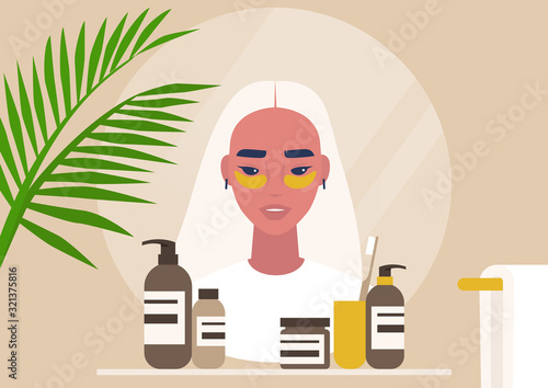 Daily skin routine, A mirror reflection of a young asian female character applying hydrogel eye patches, casual facial treatment
