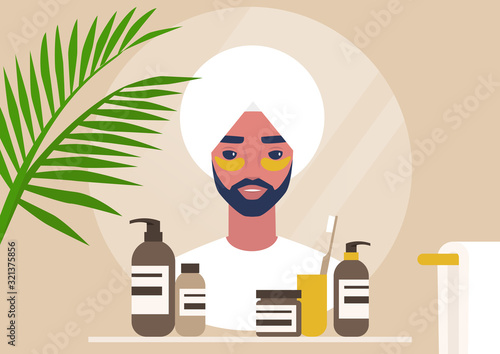 Daily skin routine, A mirror reflection of a young indian male character applying hydrogel eye patches, casual facial treatment
