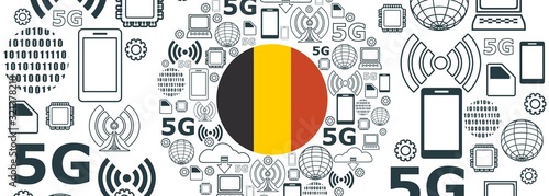 Mobile gadgets technology relative vector image. Circle frame with technology thin line icons. 5G Network Symbol. Flag of the Belgium