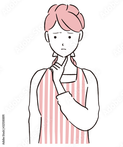手描き1color  悩むエプロン姿の女性