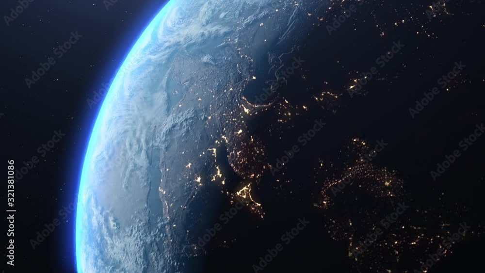 4K Beautiful sunrise world skyline. Planet earth from space. Planet earth rotating animation. Clip contains space, planet, galaxy, stars, cosmos, sea, earth