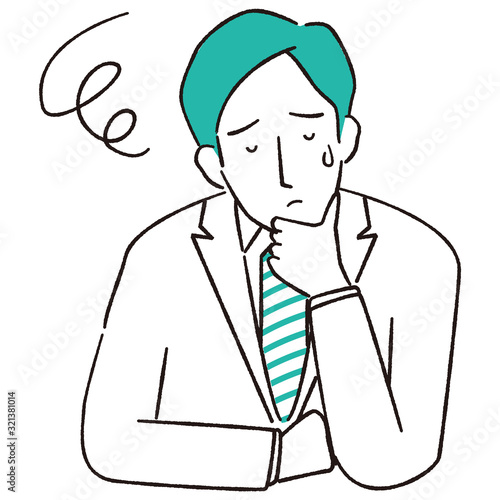 手描き1color スーツの男性　なやむ