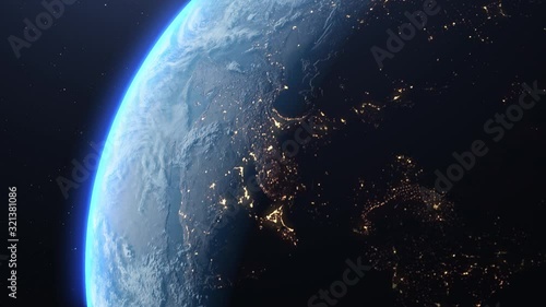 4K Beautiful sunrise world skyline. Planet earth from space. Planet earth rotating animation. Clip contains space, planet, galaxy, stars, cosmos, sea, earth