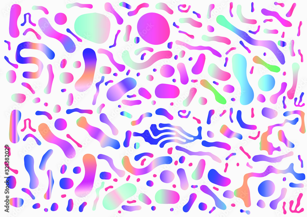 Abstract colorful blobs set in gradient blue, cyan, pink, green colors. Hatched shapes and dots, flowing liquid, dynamical forms. Vector vaporwave style illustration. Abstract colorful blobs set in gradient blue, cyan, pink, green colors. Hatched shapes and dots, flowing liquid, dynamical forms. Vector vaporwave style illustration.