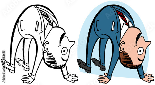 A cartoon of a man literally bending over backwards. 