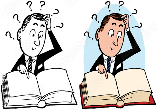 A cartoon of a puzzled man looking up something in an open book.