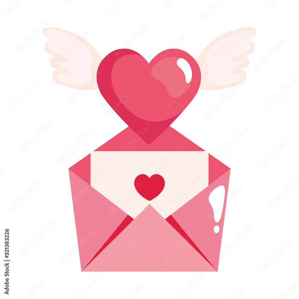 cute heart with wings and envelope isolated icon