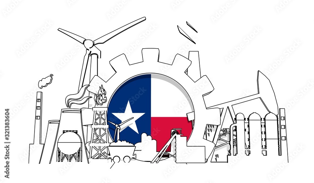 Energy and power industrial concept. Gear with flag of the Texas. Energy generation and heavy industry. 3D rendering. Thin line style