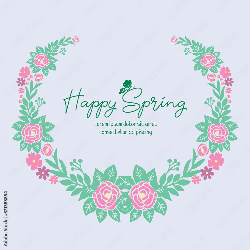 Template for happy spring greeting card design, with beautiful concept of leaf and floral frame. Vector