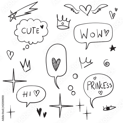 set of Cartoon dialogs cloud with princess elements. Set of think and talk speech bubbles for messages and dialog words. Doodle style clouds, hearts, stars, crowns collection